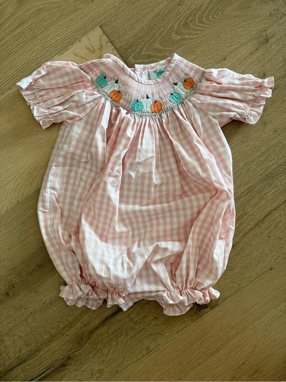 Shrimp and Grits smocked Pumpkin Fall Pink Gingham Romper
